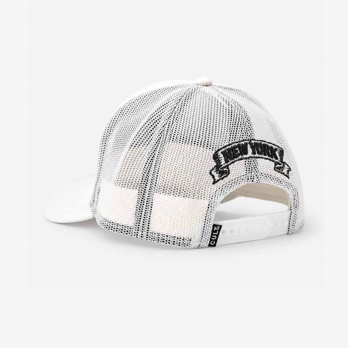 Hard Rock x Cult Banner Motto Mesh Trucker Hat in Winter White image number 5