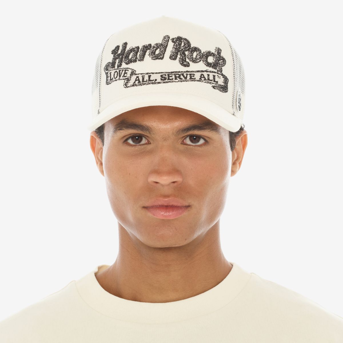 Hard Rock x Cult Banner Motto Mesh Trucker Hat in Winter White image number 1