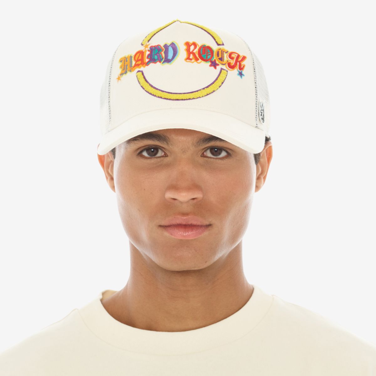 Hard Rock x Cult Chenille Logo Mesh Trucker Hat in Winter White image number 1